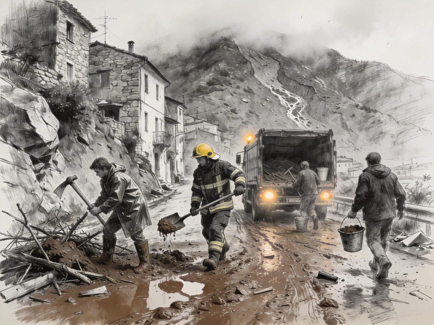 Illustrazione: vigili del fuoco e volontari spalano fango dopo il ciclone Harry in Calabria