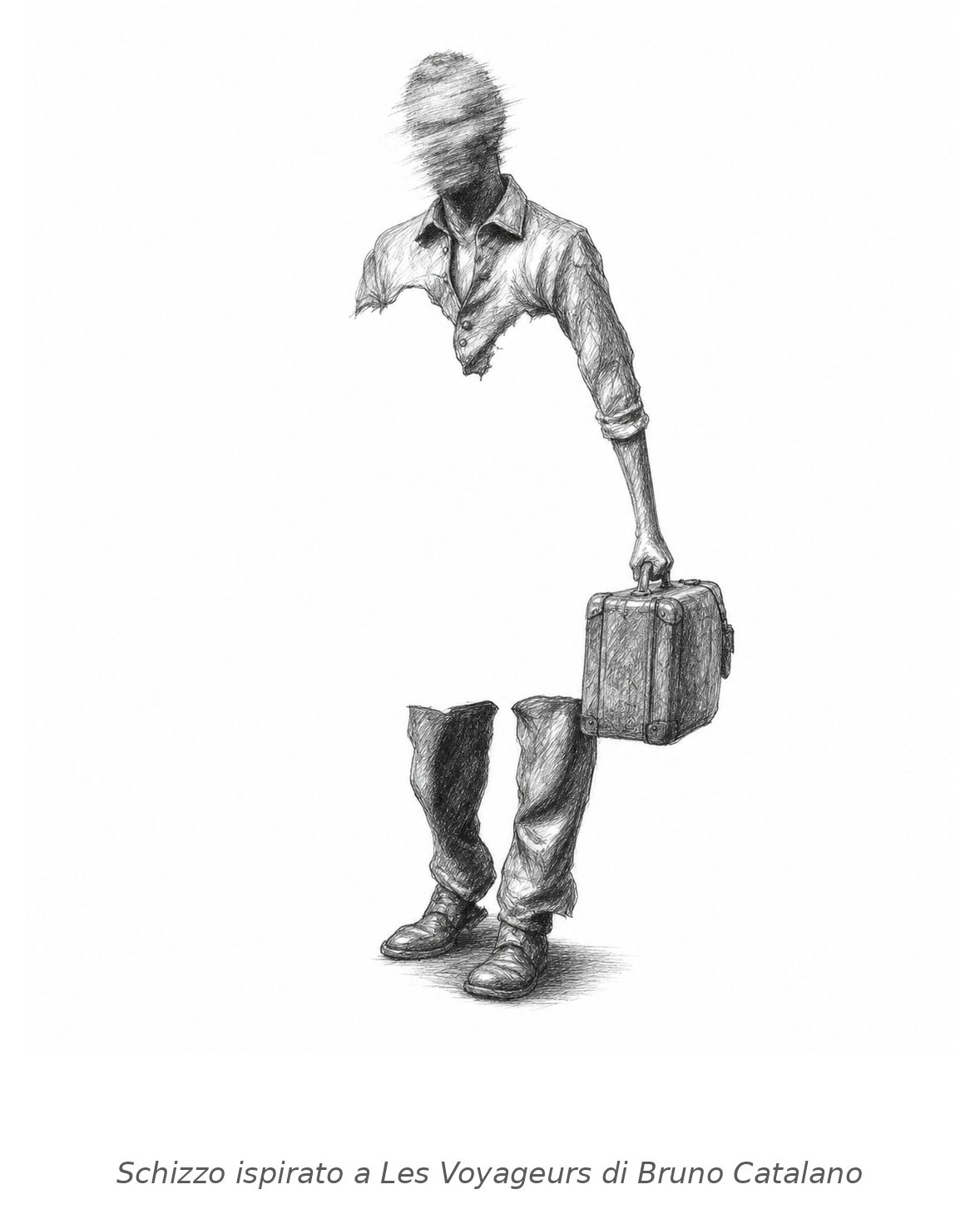L'Emigrante — illustrazione ispirata alle sculture di Bruno Catalano: una figura di viaggiatore con il corpo in parte mancante