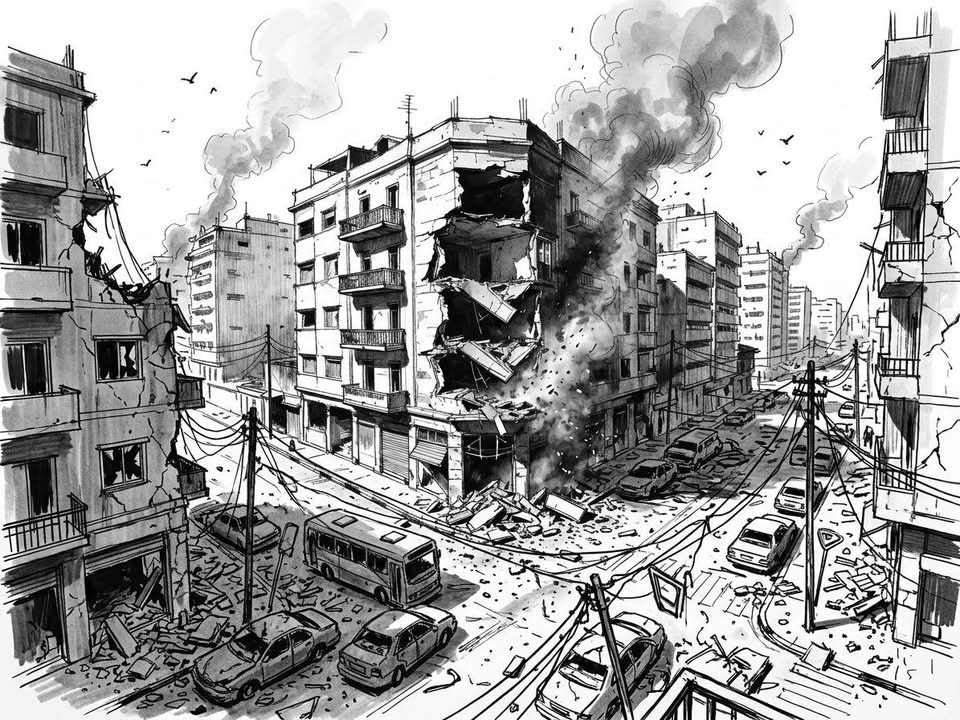 Illustrazione di Beirut bombardata — edifici distrutti, fumo e macerie in una strada della città